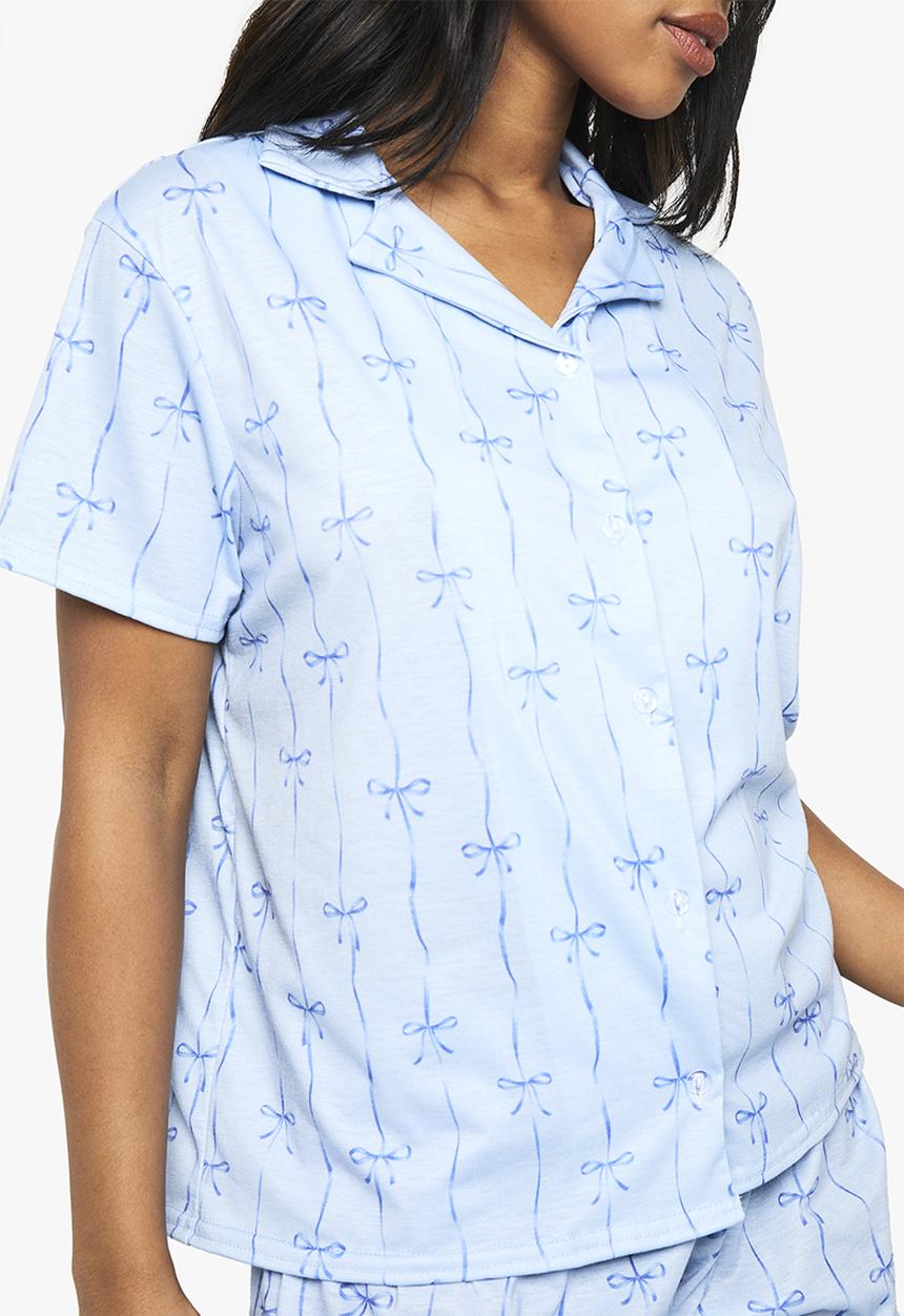 boohoo - Mixed bow & stripe print short sleeve shirt & shorts pyjama - blue