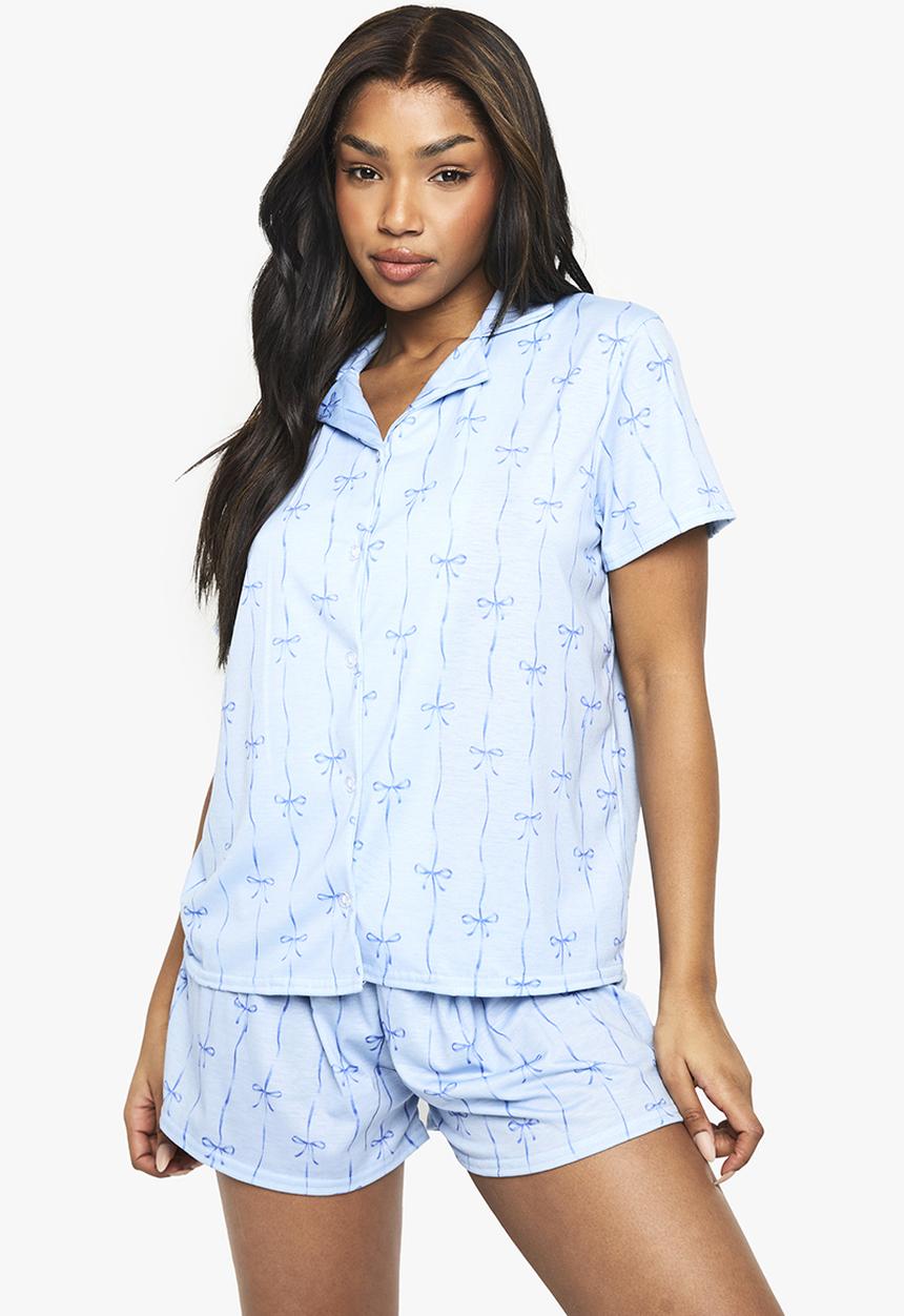 boohoo - Mixed bow & stripe print short sleeve shirt & shorts pyjama - blue