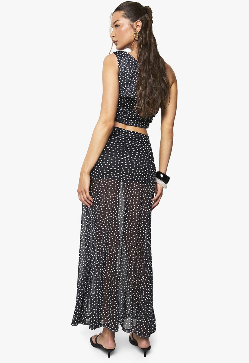 boohoo - Polka dot mesh ruched maxi skirt - black