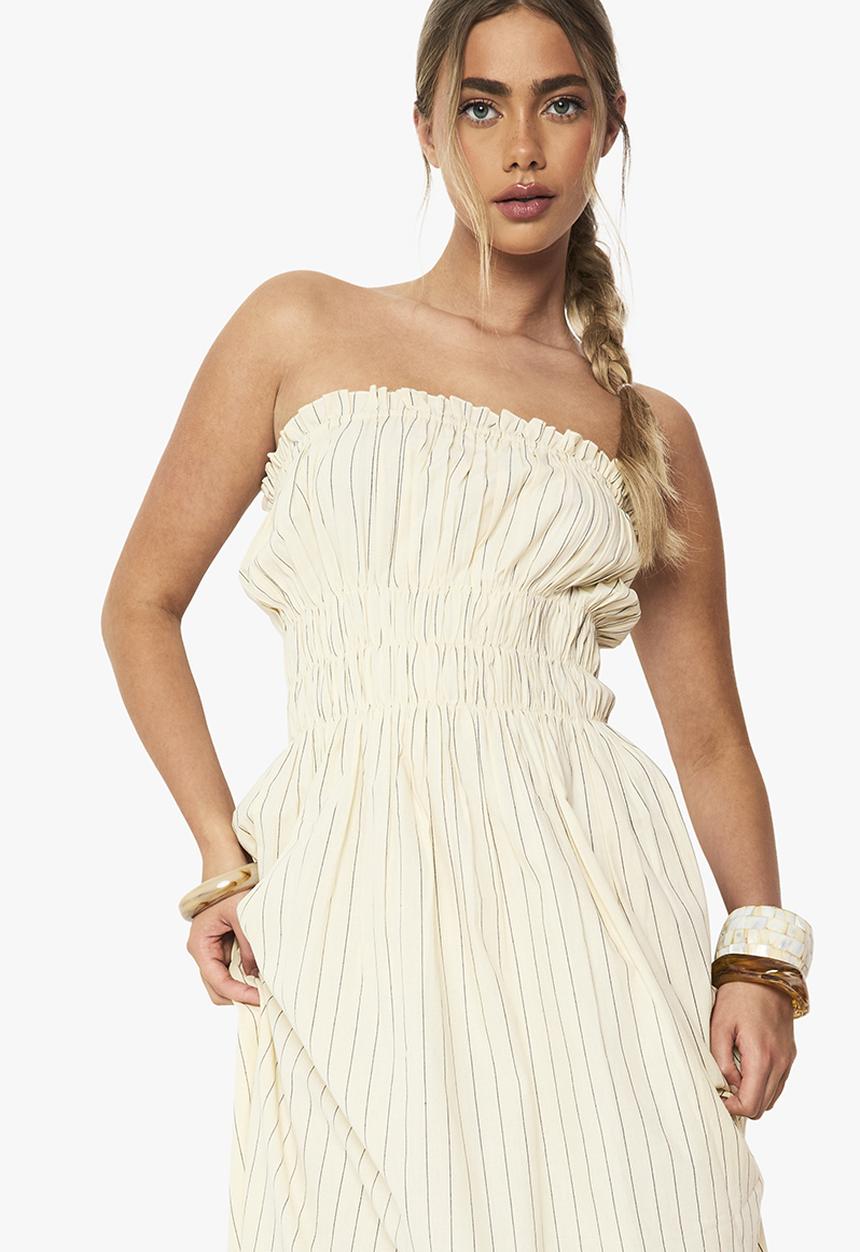 boohoo - Linen look stripe shirred maxi dress - stone