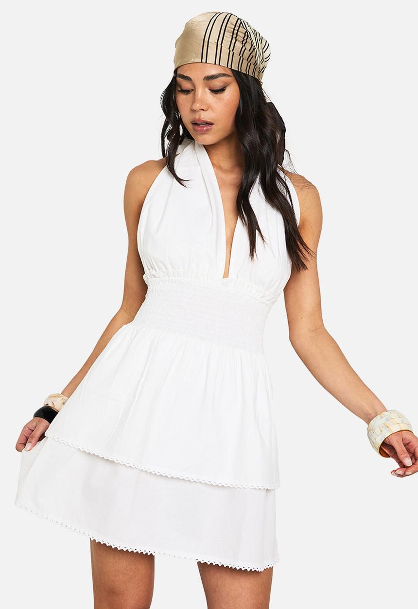 boohoo - Cotton ruffle halterneck mini dress - white