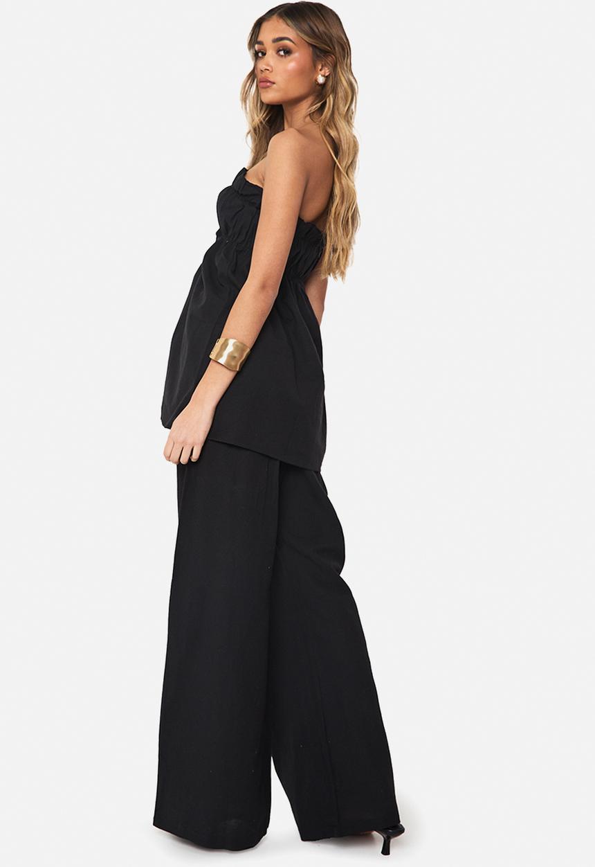 boohoo - Linen look longline bandeau and wide leg trouser co-ord - black