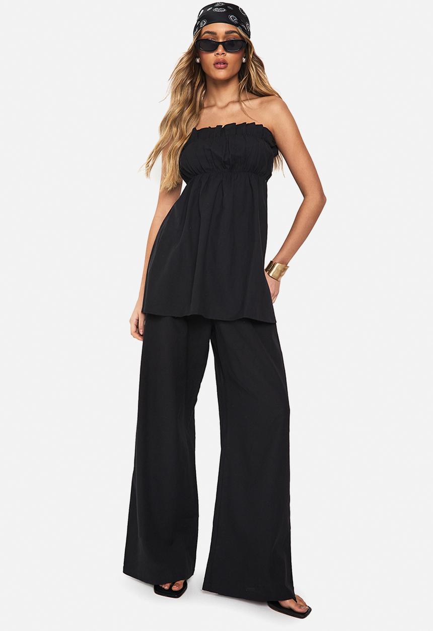 boohoo - Linen look longline bandeau and wide leg trouser co-ord - black