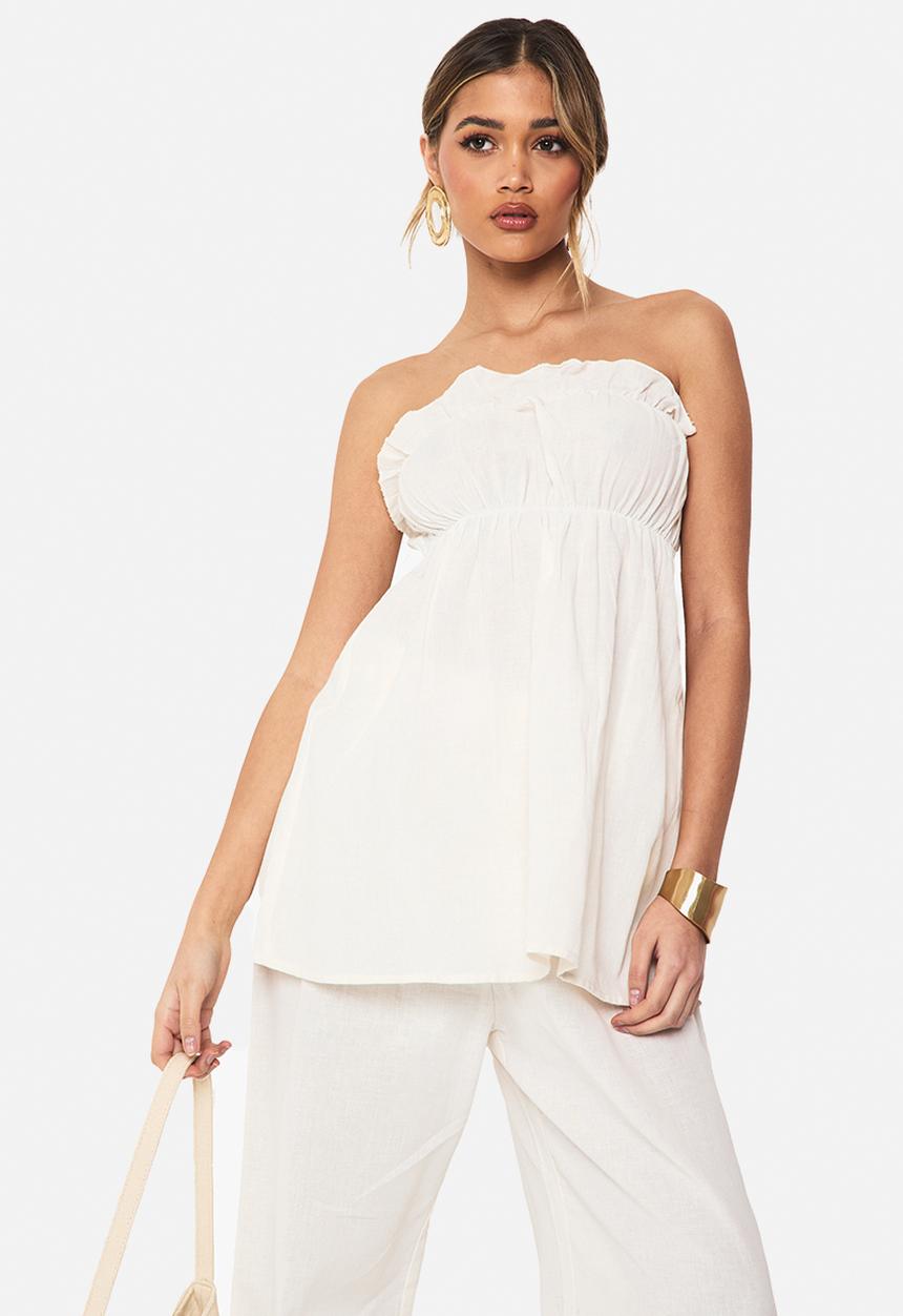 boohoo - Linen look longline bandeau and wide leg trouser co-ord - white