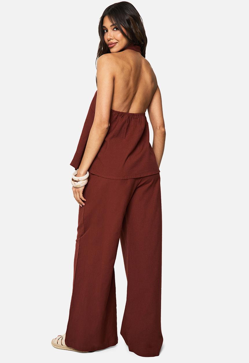 boohoo - Linen Look Halterneck Swing Top And Wide Leg Trousers Co-Or - rust