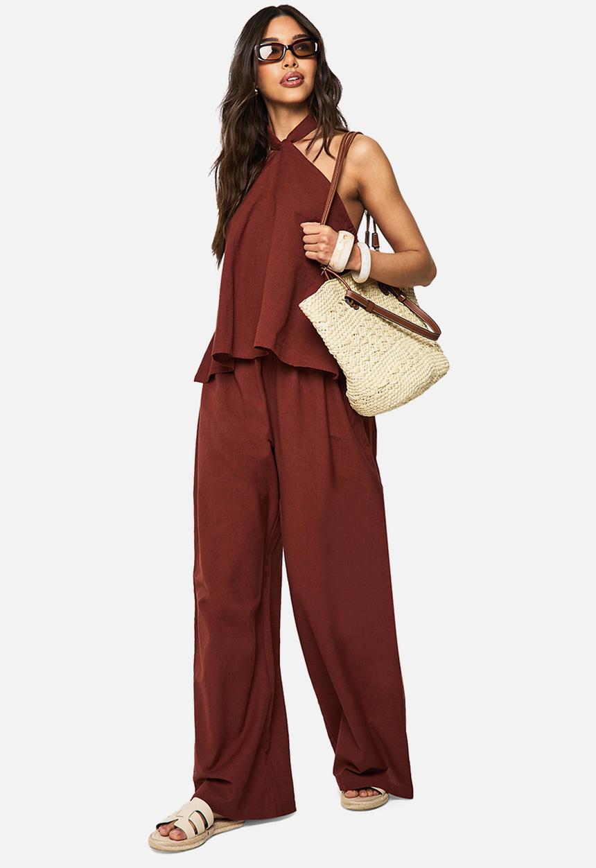 boohoo - Linen Look Halterneck Swing Top And Wide Leg Trousers Co-Or - rust