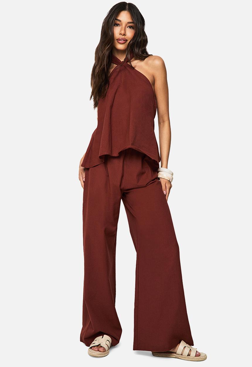 boohoo - Linen Look Halterneck Swing Top And Wide Leg Trousers Co-Or - rust