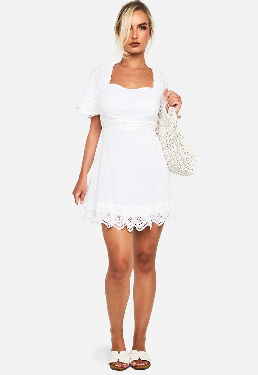 boohoo - Cotton crochet square neck mini dress -  white