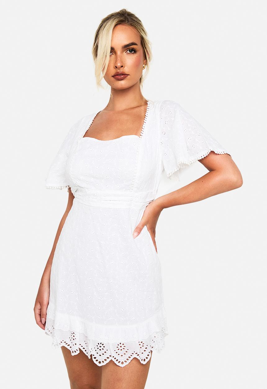 boohoo - Cotton crochet square neck mini dress -  white