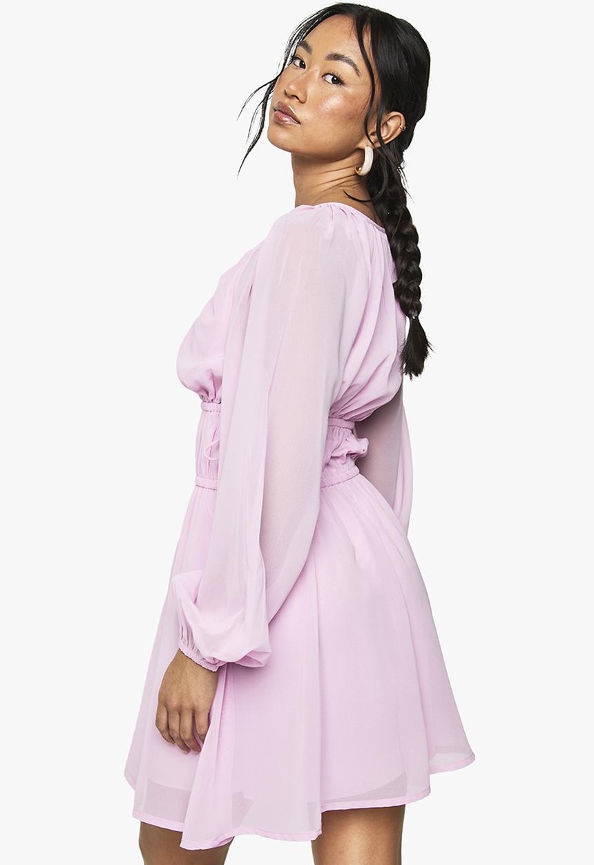 boohoo - Chiffon tie waist balloon sleeve mini dress - pink