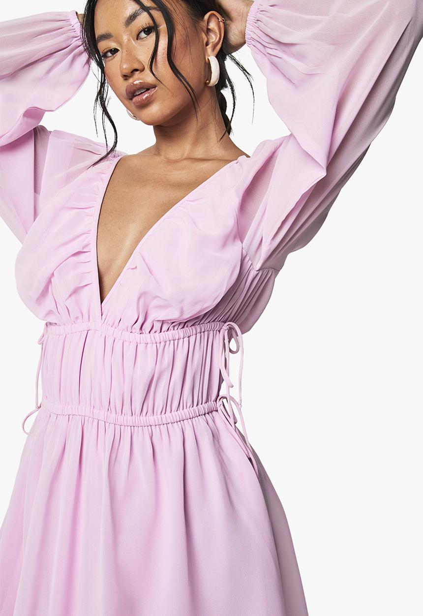 boohoo - Chiffon tie waist balloon sleeve mini dress - pink