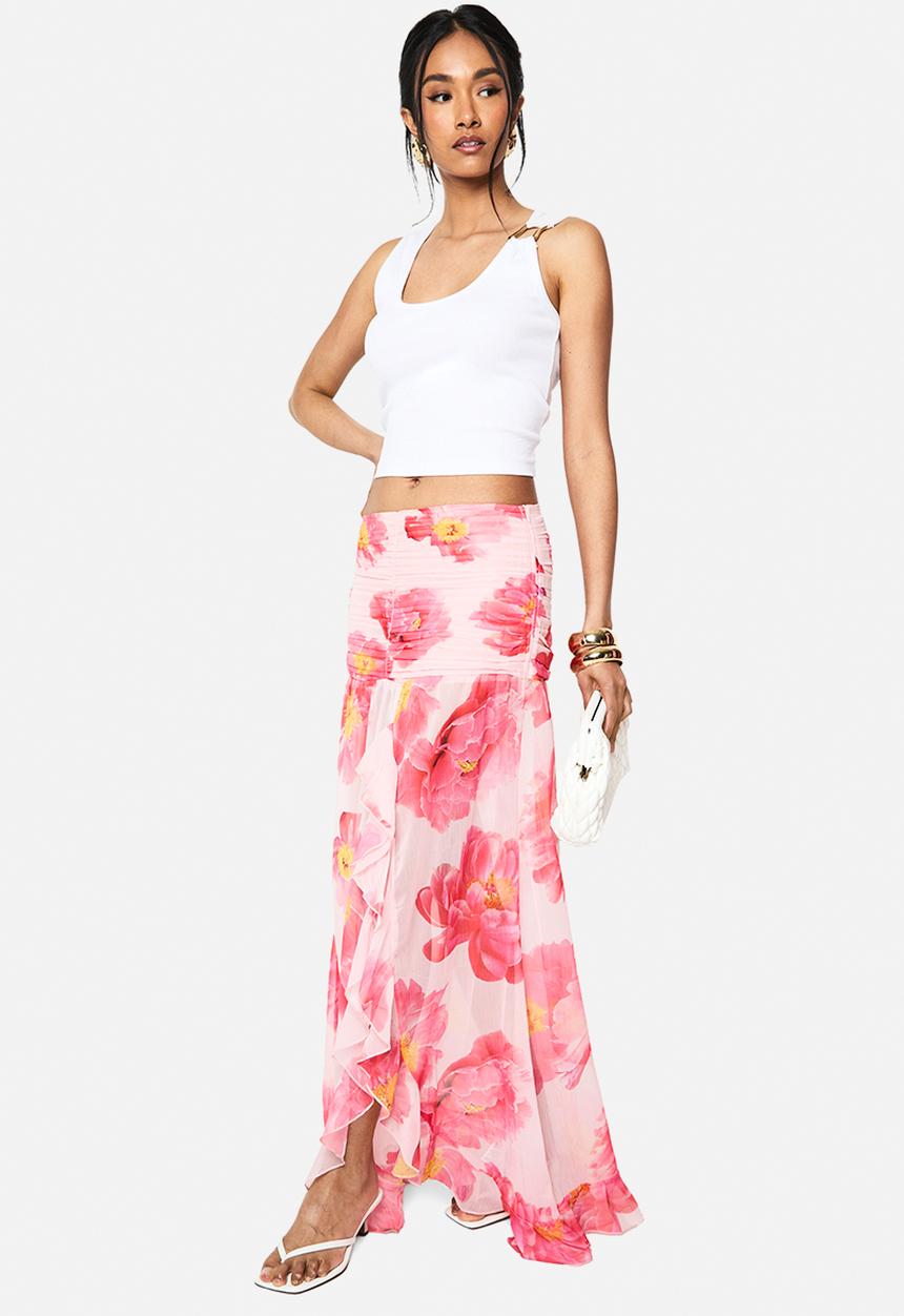 boohoo - Floral chiffon ruffle split leg maxi skirt - pink