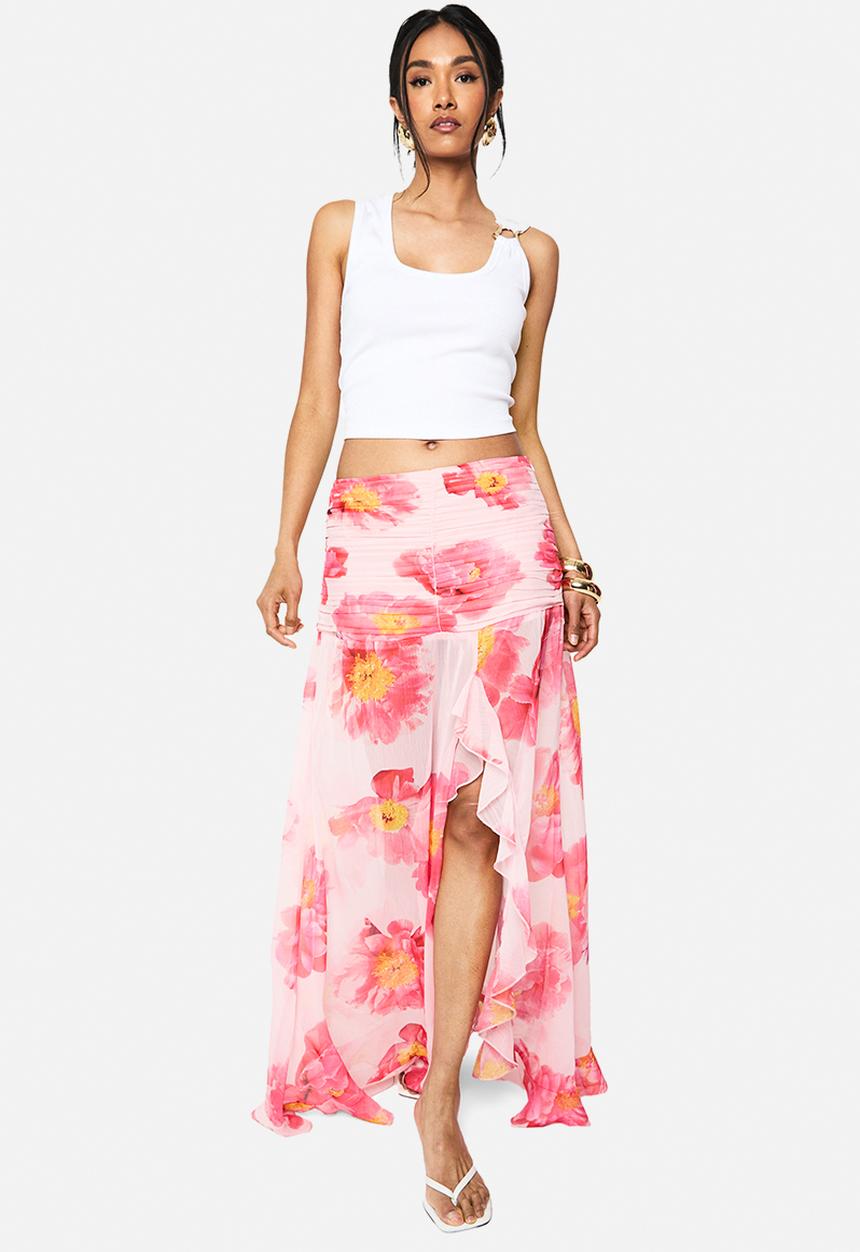 boohoo - Floral chiffon ruffle split leg maxi skirt - pink