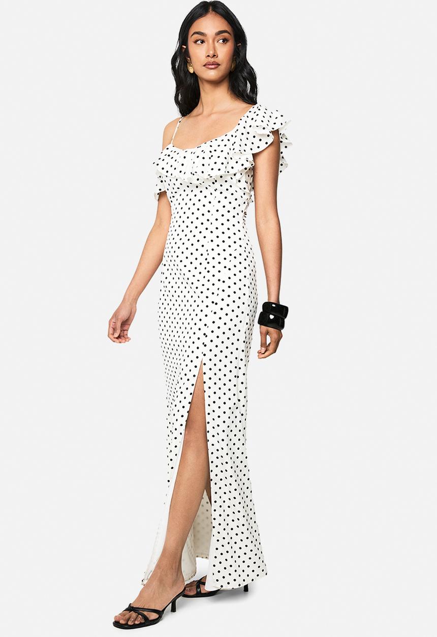 boohoo - Polka dot frill detail maxi dress - white