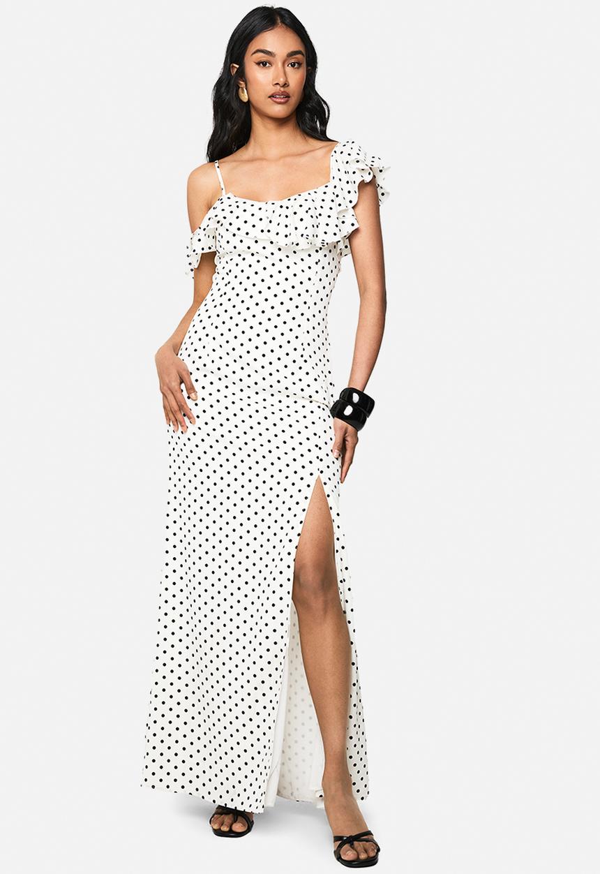 boohoo - Polka dot frill detail maxi dress - white