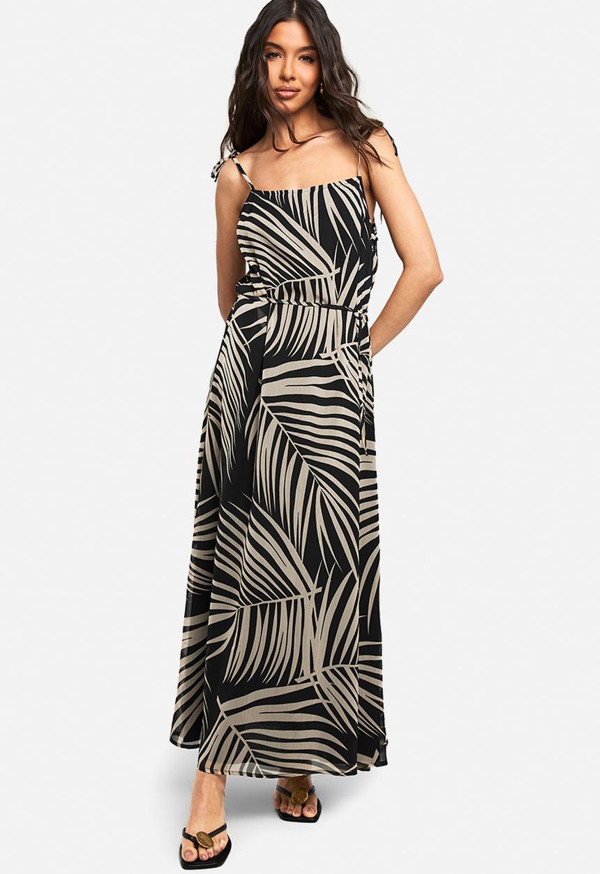 boohoo - Palm print tie detail chiffon midaxi dress - black
