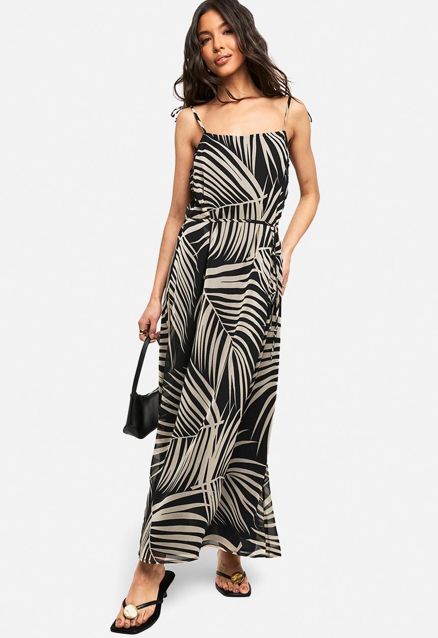 boohoo - Palm print tie detail chiffon midaxi dress - black