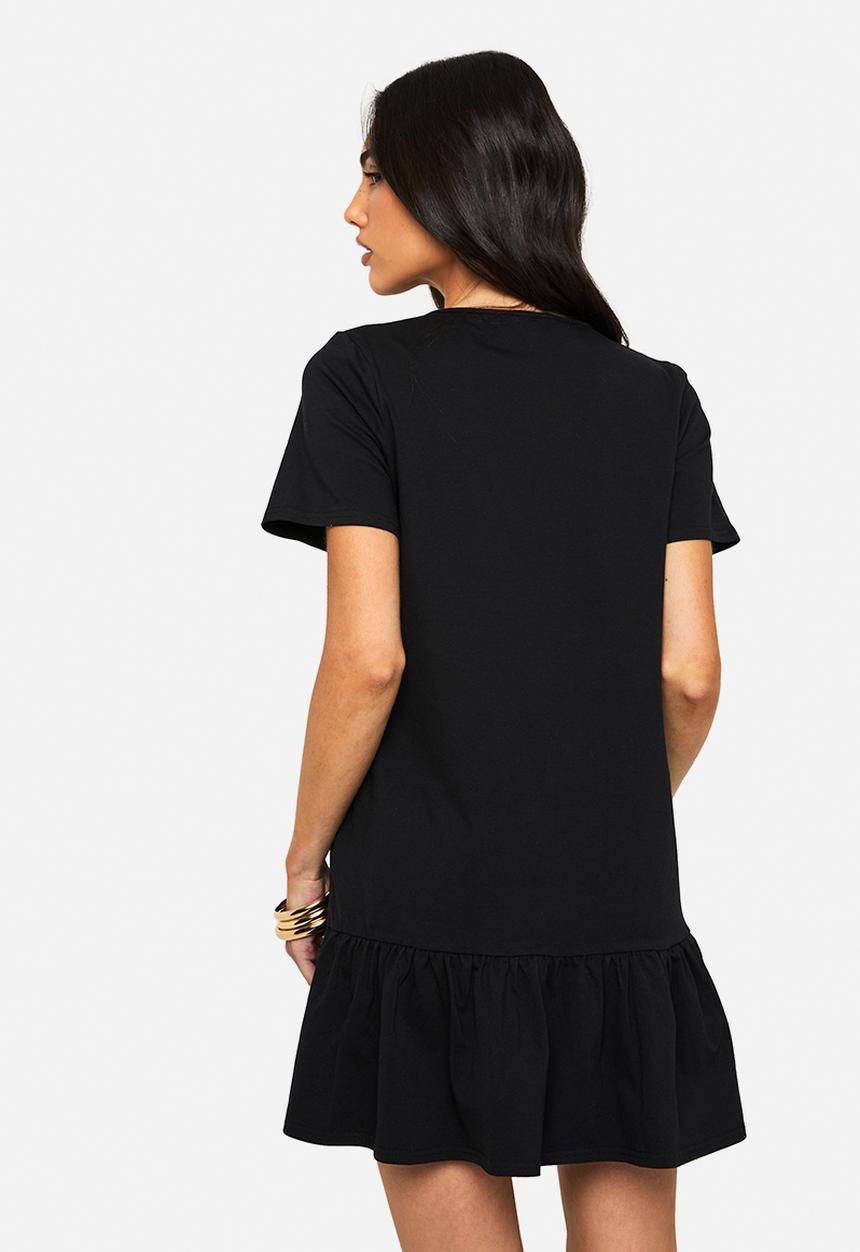 boohoo - Cotton ruffle dropped hem smock dress - black