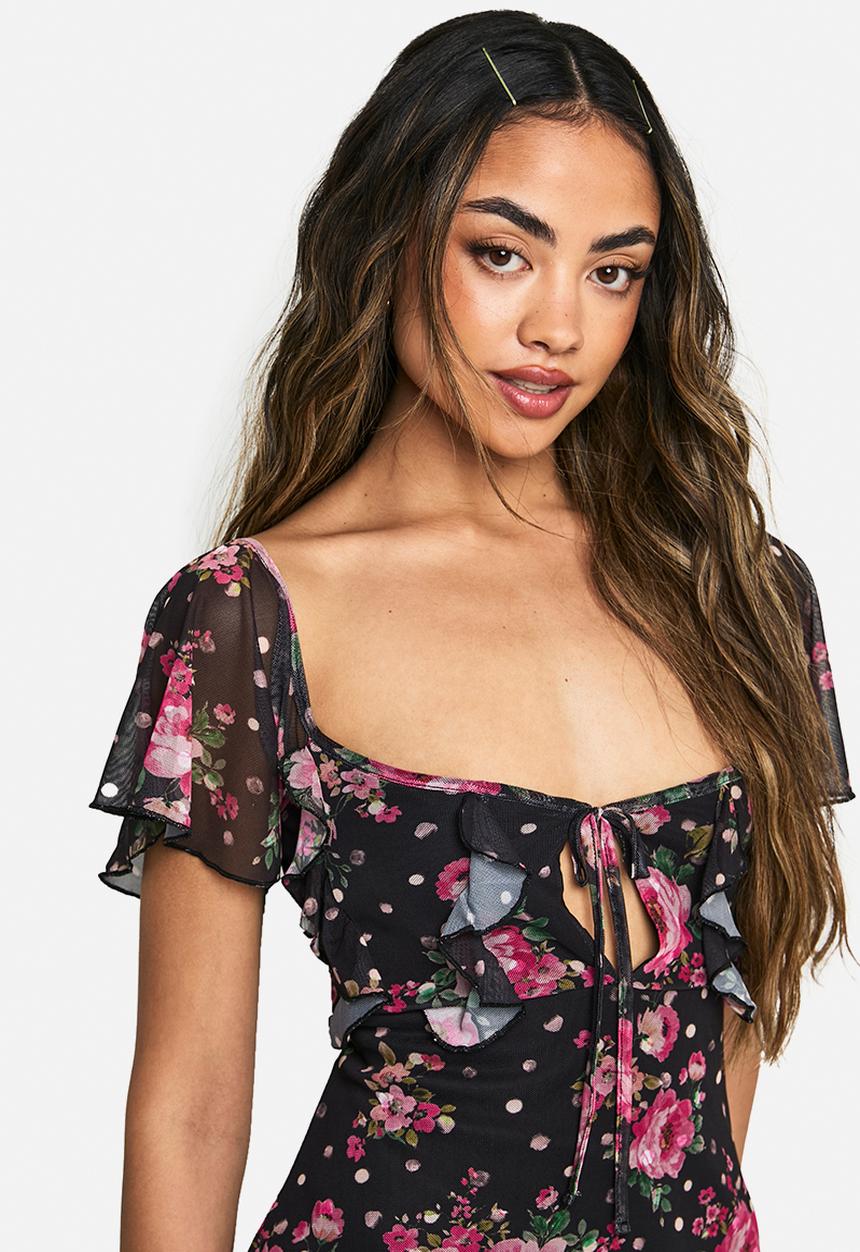 boohoo - Ditsy floral mesh angel sleeve tie front mini dress - black