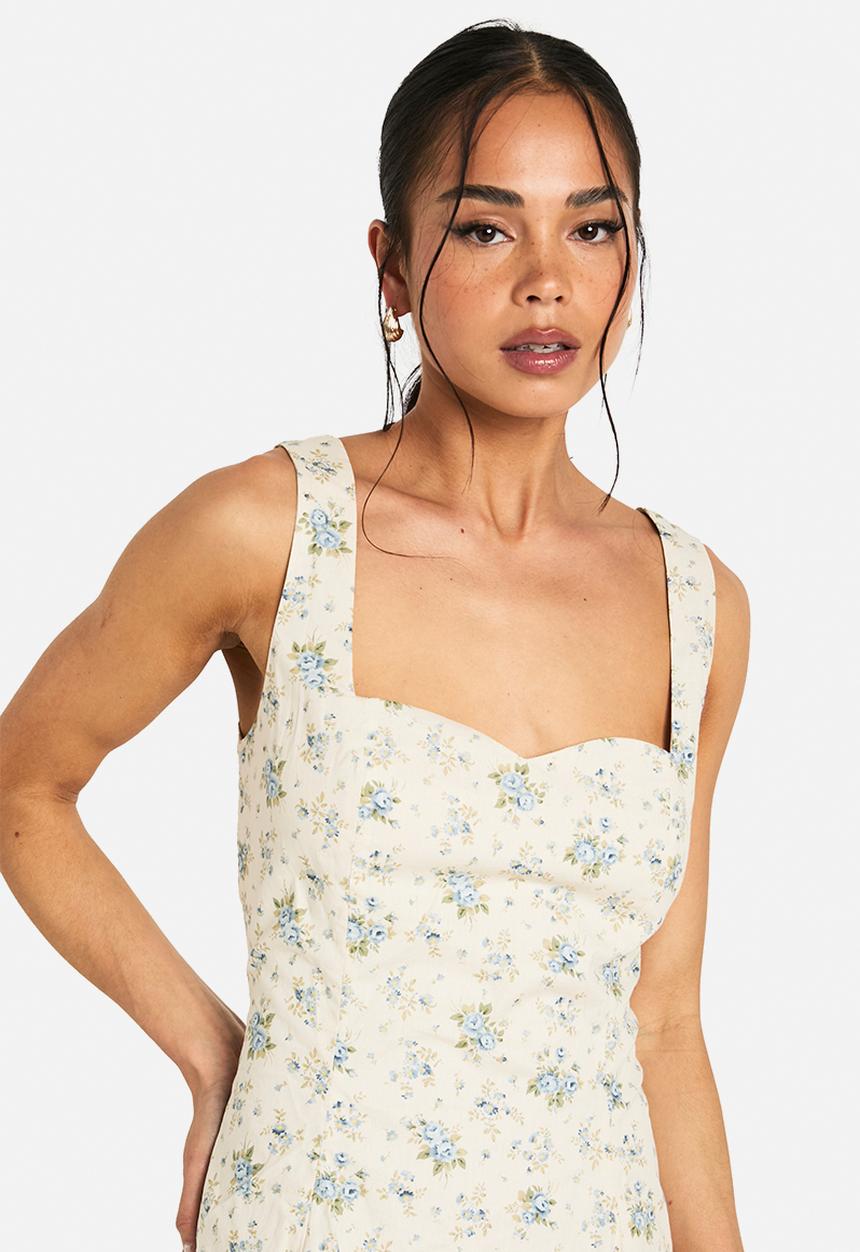 boohoo - Ditsy floral square neck pleated hem mini dress - ecru