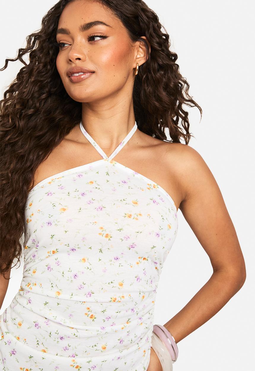 boohoo - Ditsy floral ruched halterneck mini dress - ivory