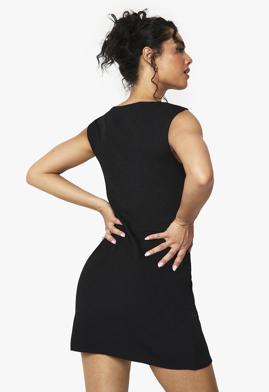 boohoo - Rib button front cap sleeve mini dress - black