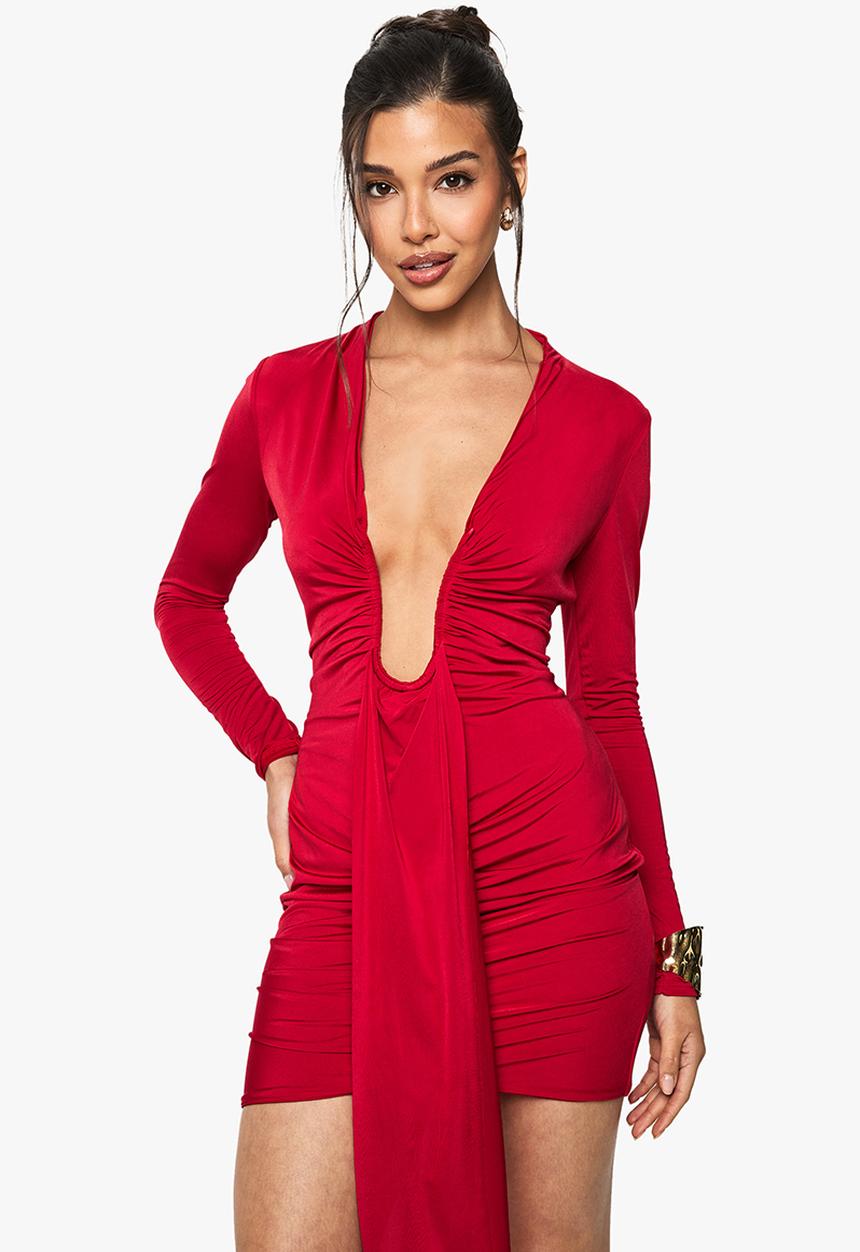 boohoo - Slinky plunge ruched mini dress - red