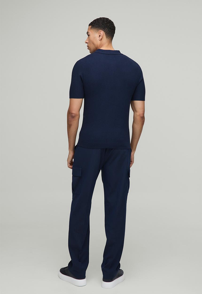boohooMAN - Muscle Fit Zip Neck Stripe Sleeve Knitted Polo - Navy
