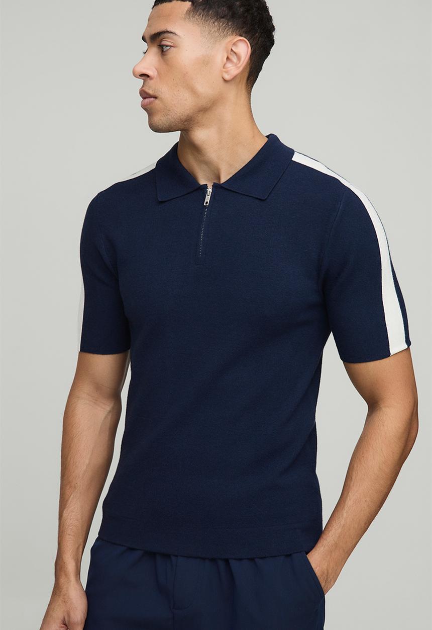 boohooMAN - Muscle Fit Zip Neck Stripe Sleeve Knitted Polo - Navy