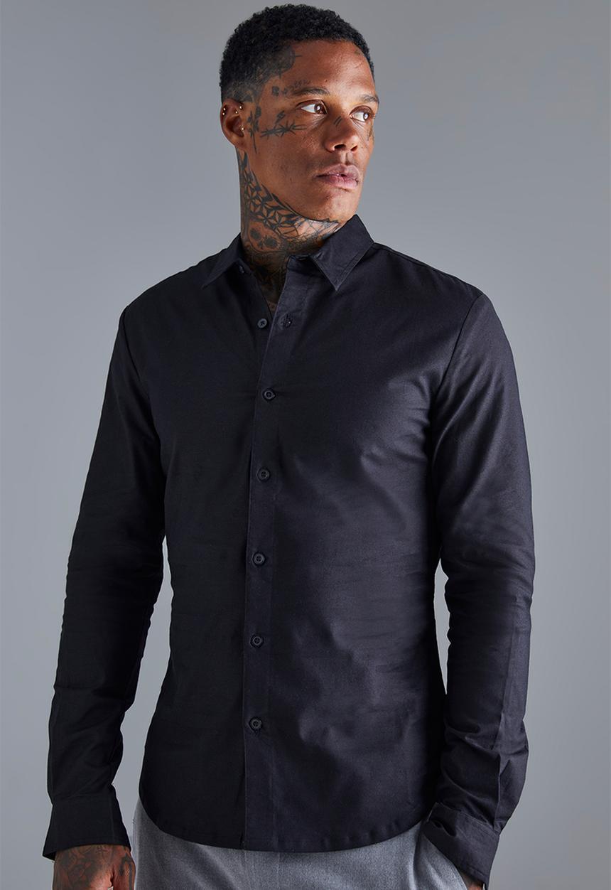 boohooMAN - Long Sleeve Stretch Fit Shirt - Black