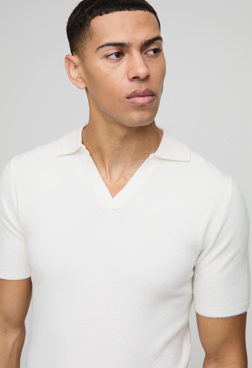 boohooMAN - Muscle Fit Revere Collar Knitted Polo - Ecru