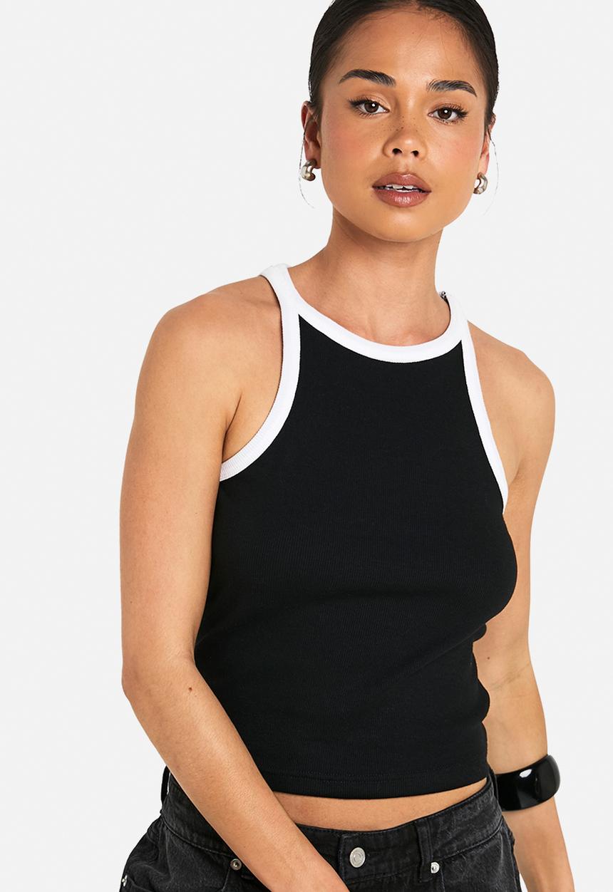 boohoo - Rib contrast binding racer neck vest top - black