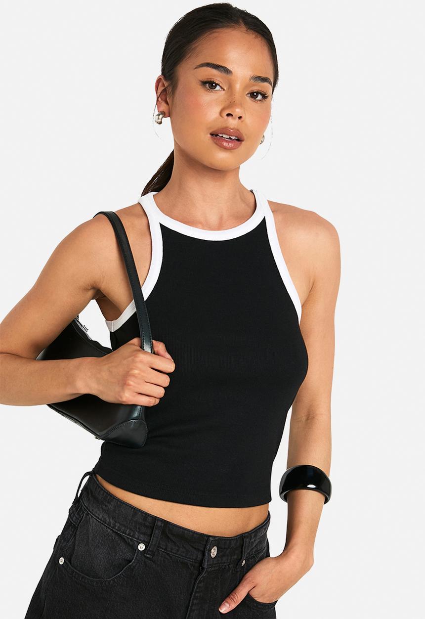 boohoo - Rib contrast binding racer neck vest top - black