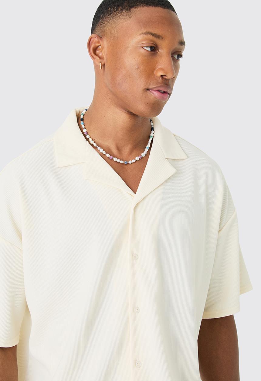 boohooMAN - Short Sleeve Oversized Ribbed Shirt - Ecru
