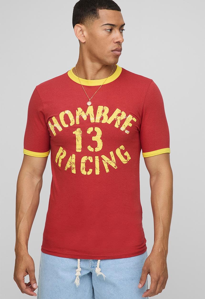 boohooMAN - Muscle Fit Hombre Racing Ringer T-Shirt - Red