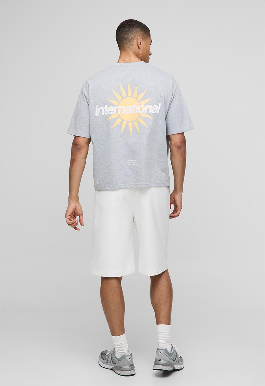 boohooMAN - Oversized Boxy International Sun Slogan Print T-shirt - Grey Marl
