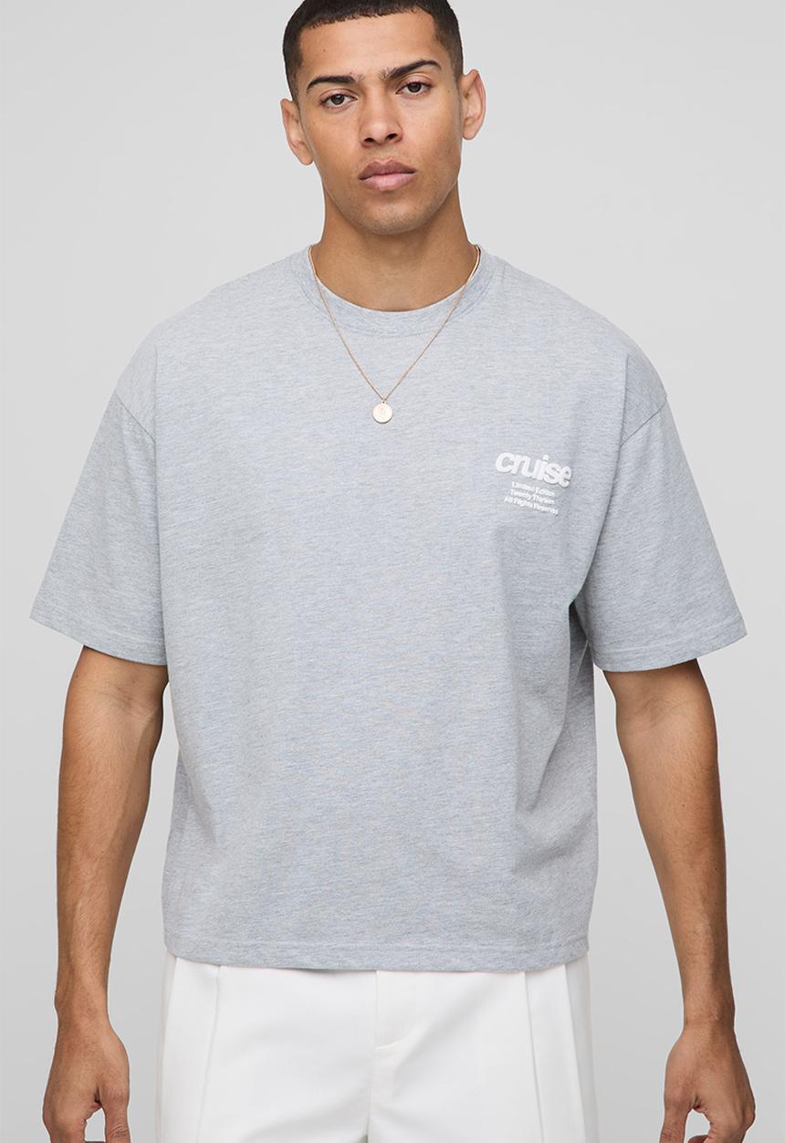 boohooMAN - Oversized Boxy International Sun Slogan Print T-shirt - Grey Marl