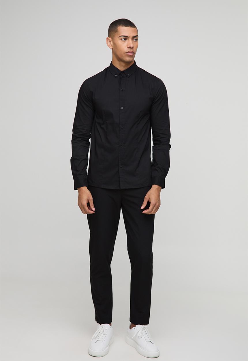 boohooMAN - Slim Fit Basic Long Sleeve Collared Shirt - Black