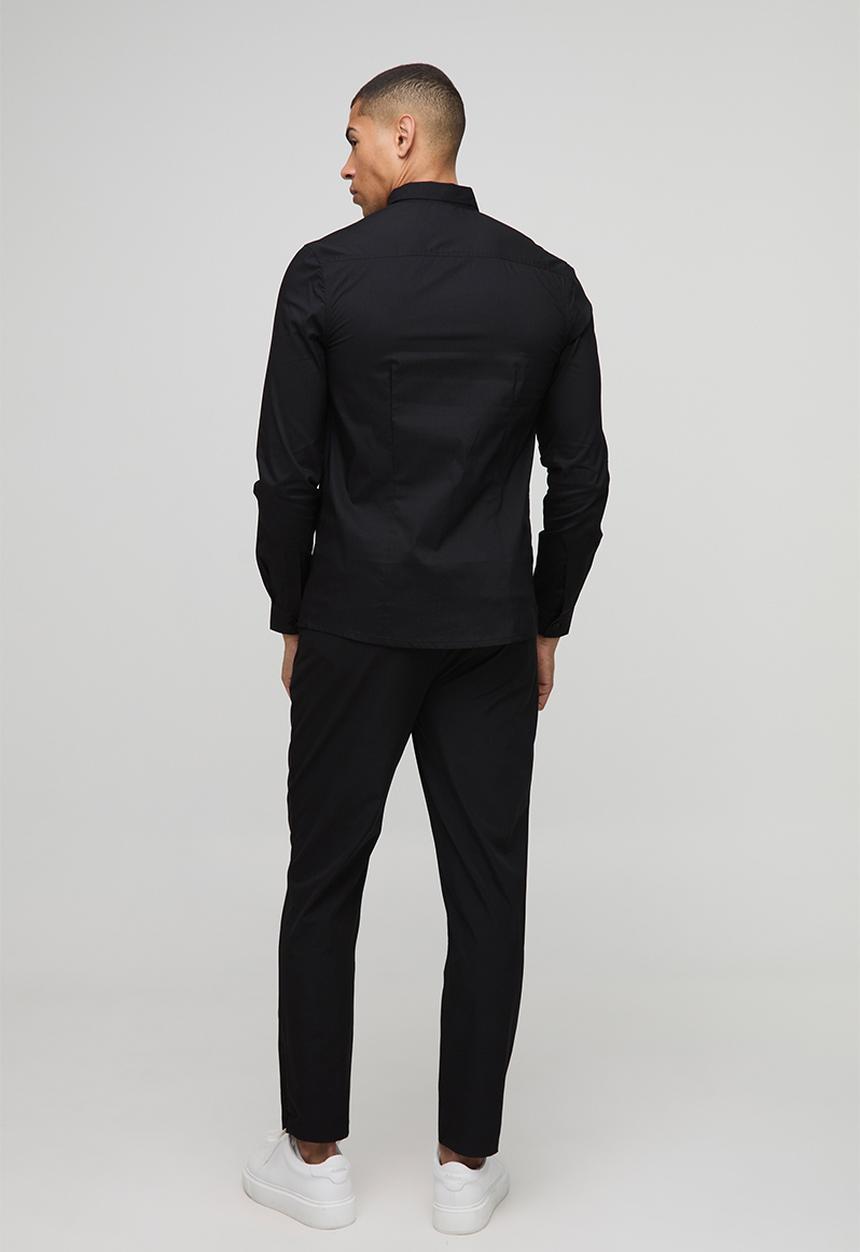 boohooMAN - Slim Fit Basic Long Sleeve Collared Shirt - Black