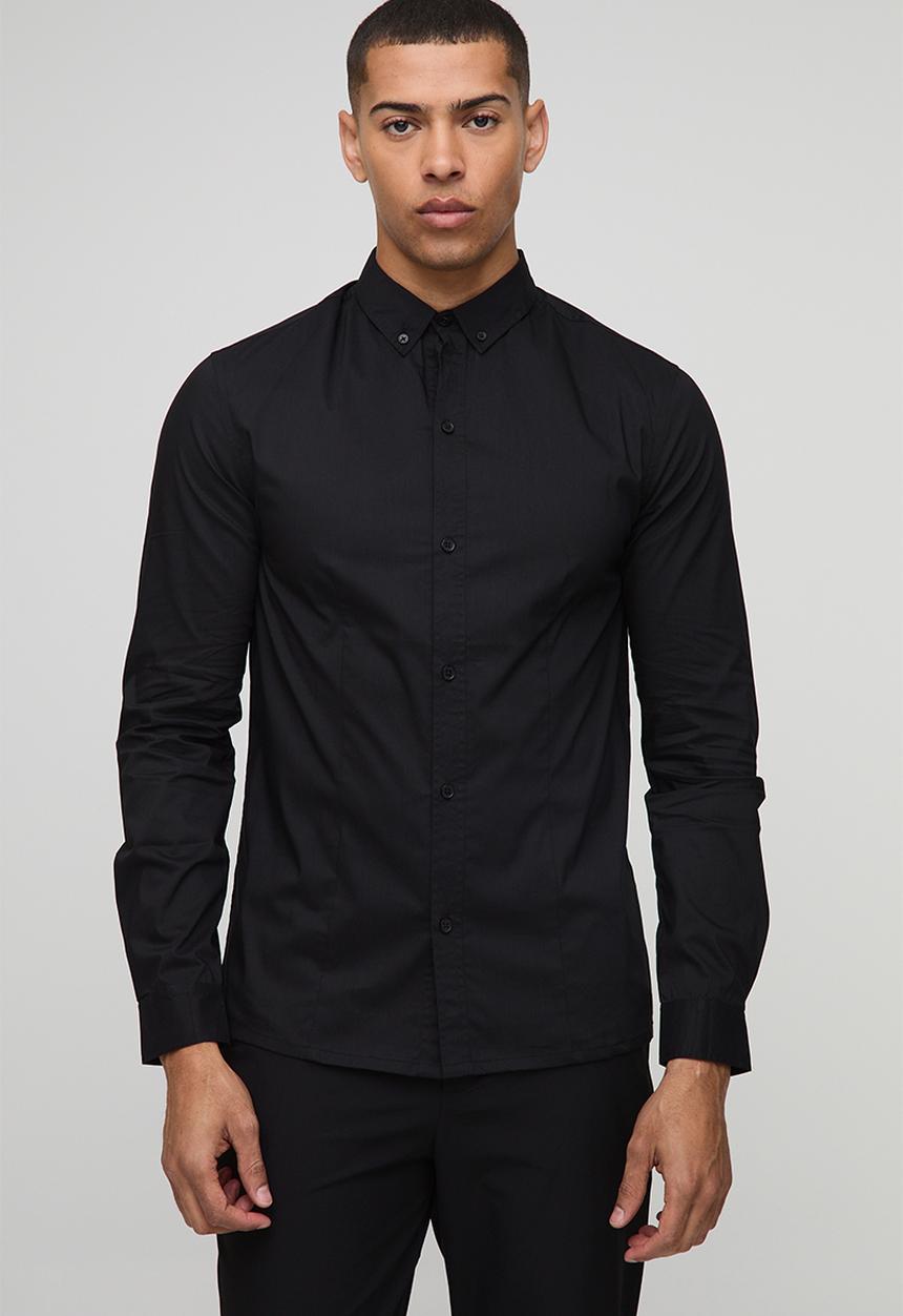 boohooMAN - Slim Fit Basic Long Sleeve Collared Shirt - Black