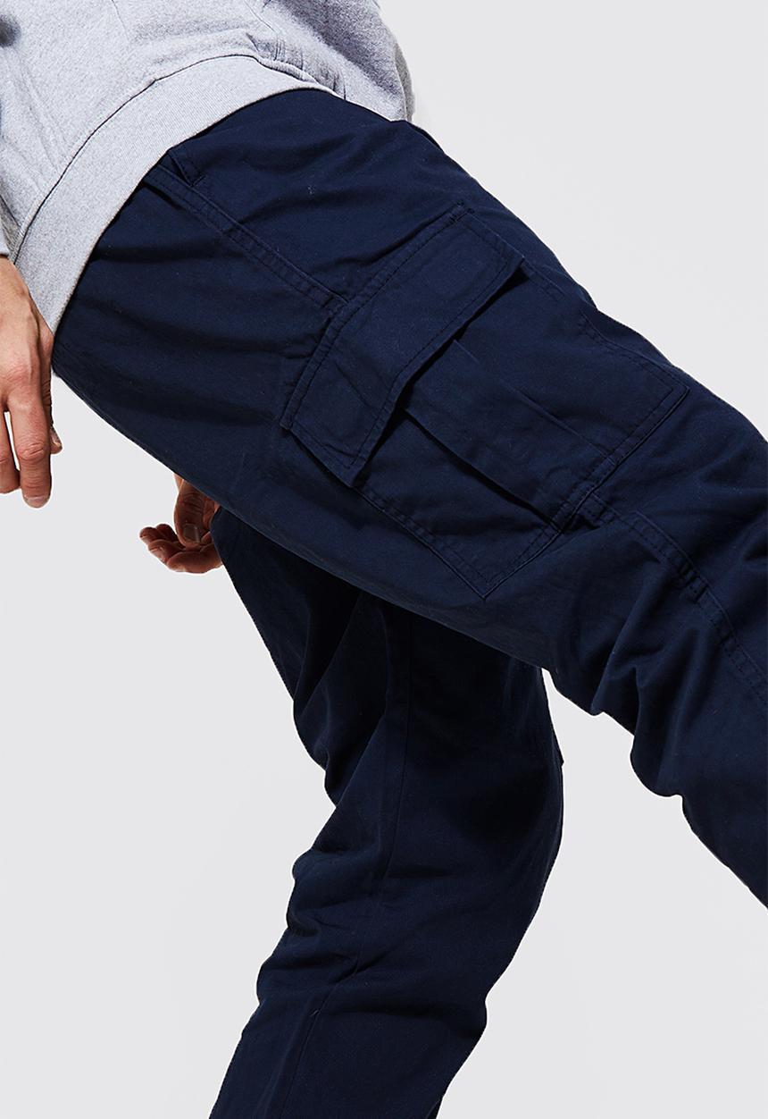 boohooMAN - Elasticated Waist Slim Fit Cargo Trouser - Navy
