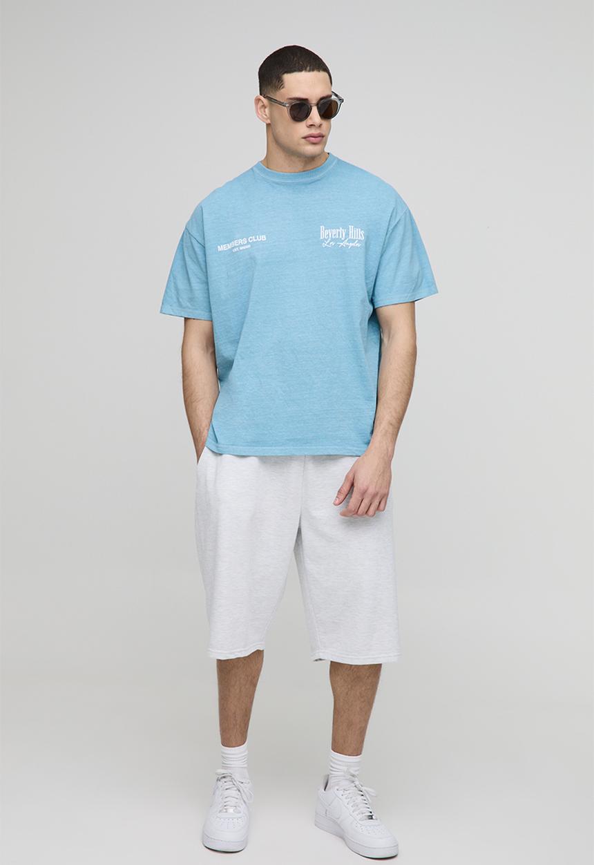 boohooMAN - Oversized Beverly Hills Bird Graphic Washed T-shirt - Blue