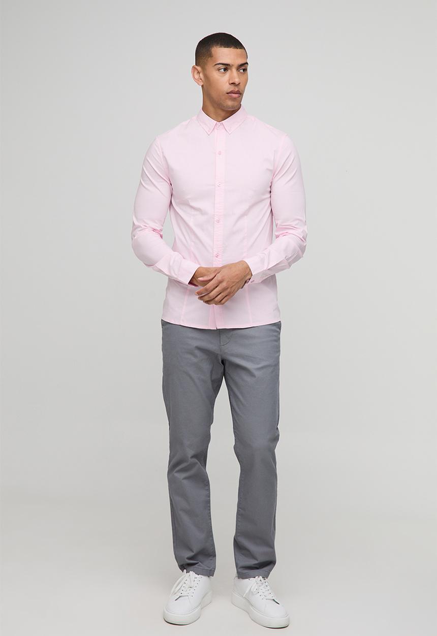 boohooMAN - Slim Fit Basic Long Sleeve Collared Shirt - Pink