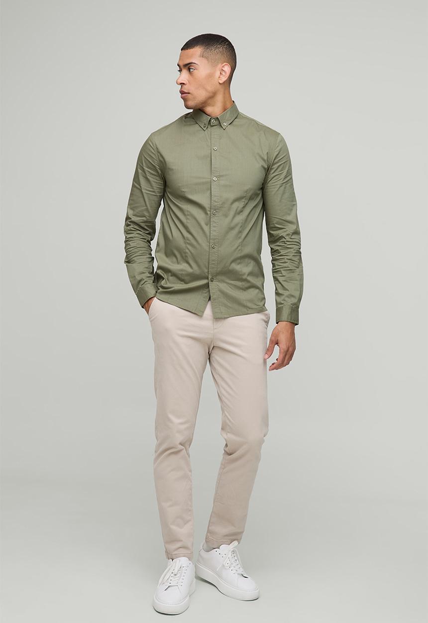 boohooMAN - Slim Fit Basic Long Sleeve Collared Shirt - khaki