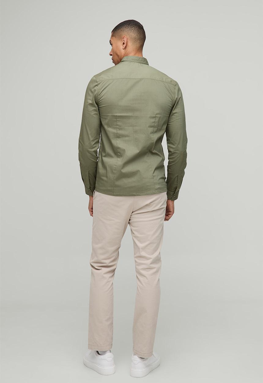 boohooMAN - Slim Fit Basic Long Sleeve Collared Shirt - khaki
