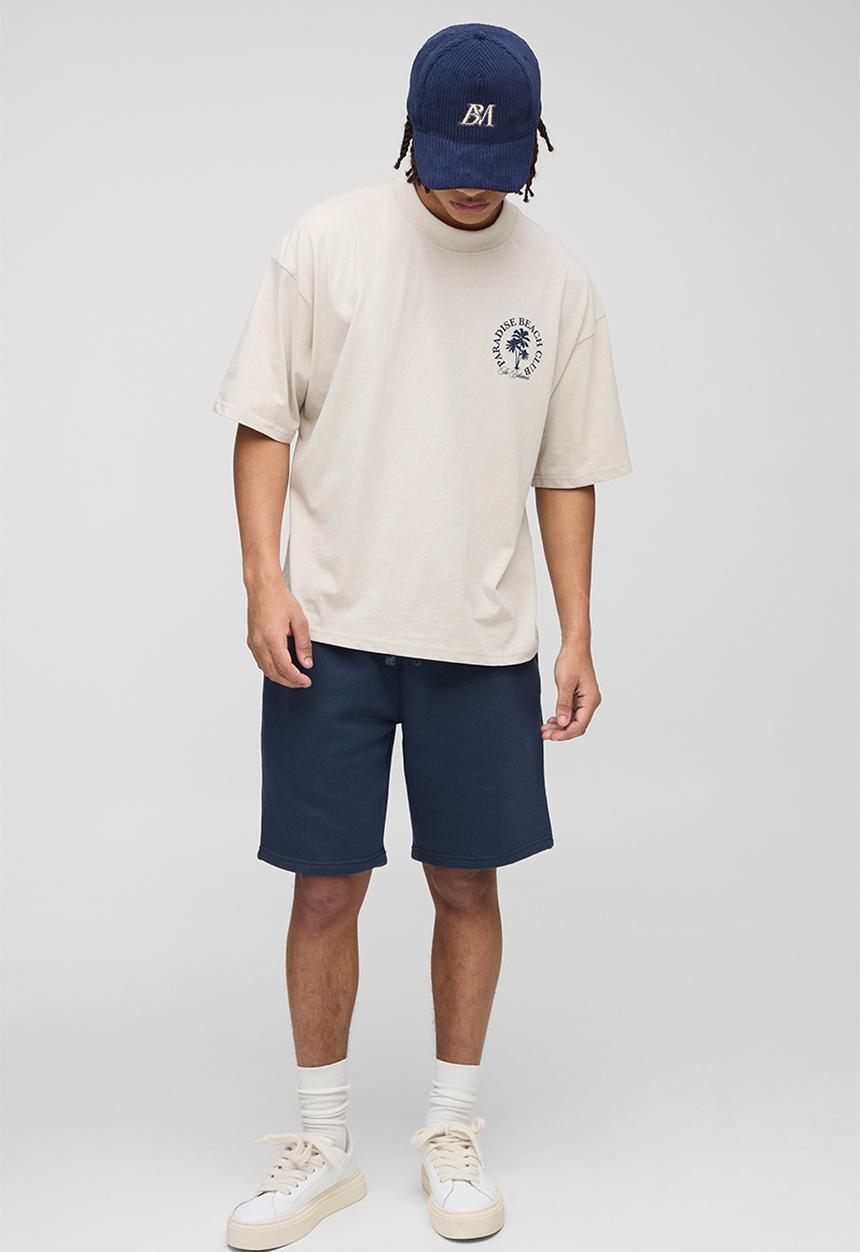boohooMAN - Oversized Boxy Extended Neck Paradise Beach Club Palm Tree - Stone