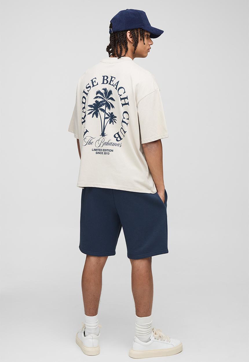 boohooMAN - Oversized Boxy Extended Neck Paradise Beach Club Palm Tree - Stone