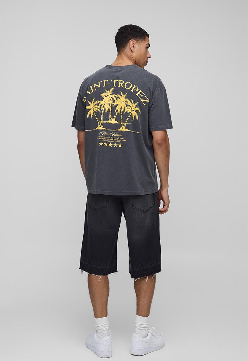 boohooMAN - Oversized Saint Tropez Palm Tree Washed T-Shirt - charcoal