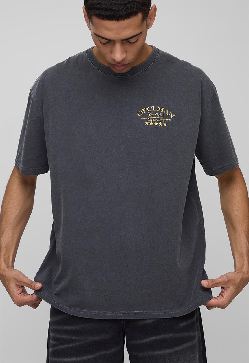 boohooMAN - Oversized Saint Tropez Palm Tree Washed T-Shirt - charcoal