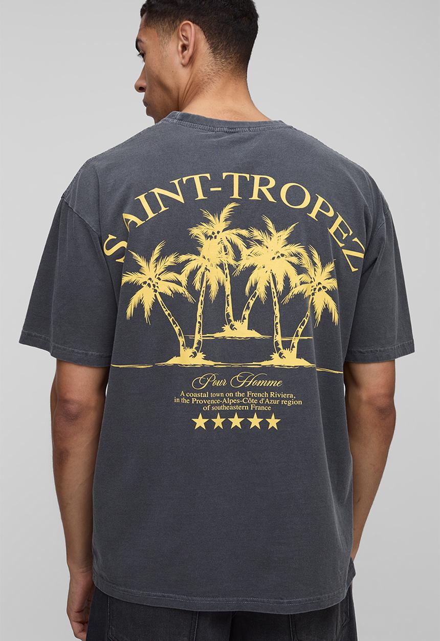 boohooMAN - Oversized Saint Tropez Palm Tree Washed T-Shirt - charcoal